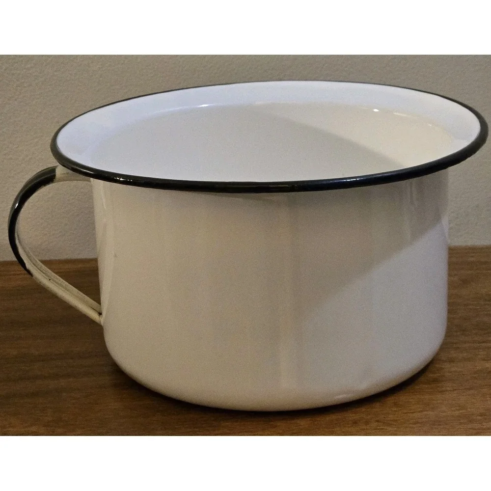 Vintage Lisk Flintstone Enamelware Farmhouse Chamber Pot Black Trim With Handle
